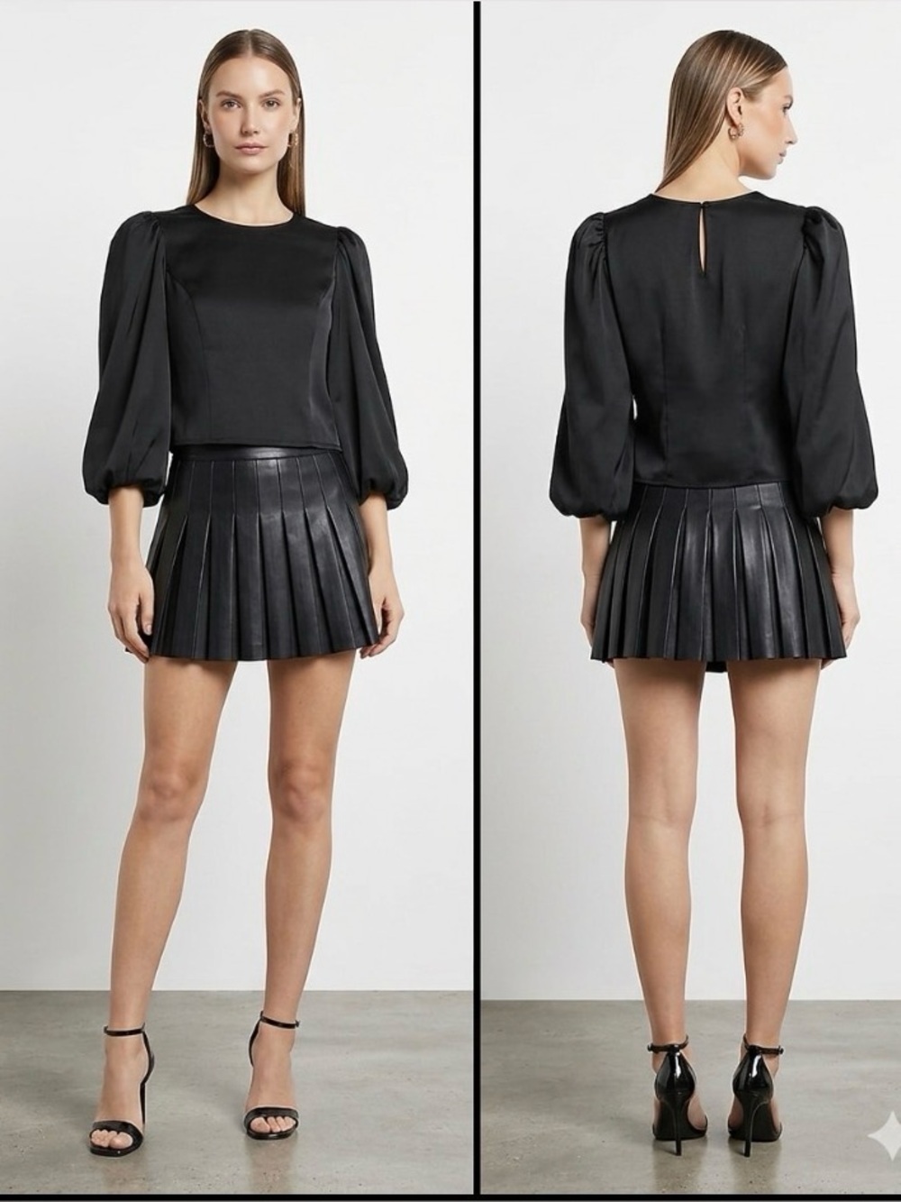 Express Satin Black Luster Princess 3/4 Puff Sleeve Semi Cropped Chic Top M